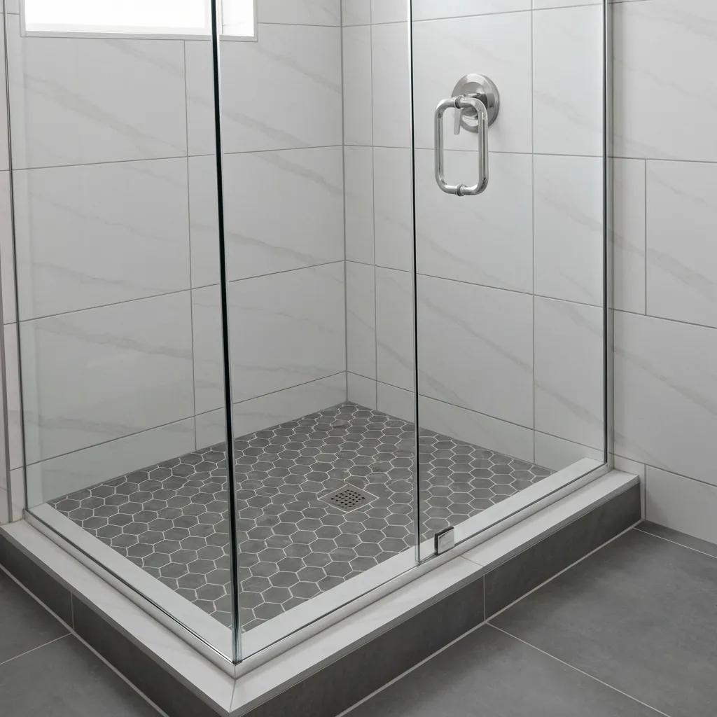 Modern shower enclosure with frameless glass, hexagonal tile flooring, and water-resistant wall tiles, showcasing a sleek design for bathroom remodeling in Duluth, MN.
