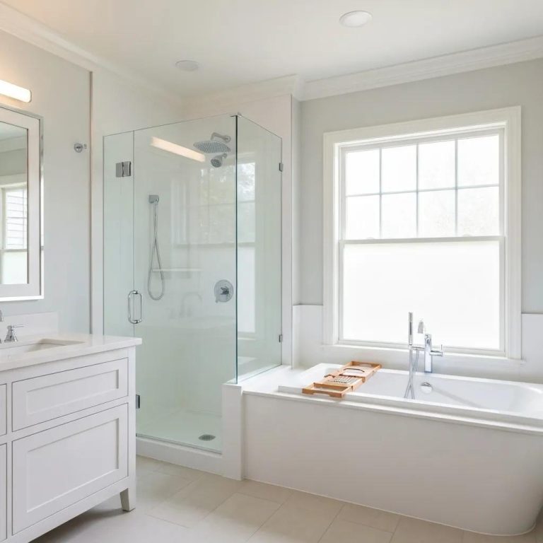 Modern bathroom featuring a glass shower enclosure, white freestanding bathtub, and sleek vanity with a marble countertop, emphasizing stylish and functional design for bathroom remodeling in Duluth, MN.