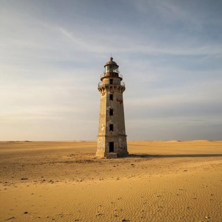 Lighthouse standing alone in a vast sandy landscape, symbolizing resilience and guidance in a remote environment.