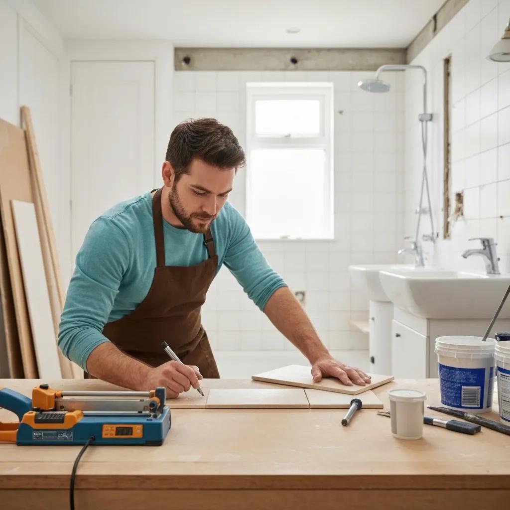 Man in an apron measuring and marking wood on a workbench in a bathroom renovation setting, with tools and materials visible, illustrating DIY bathroom remodeling preparations.