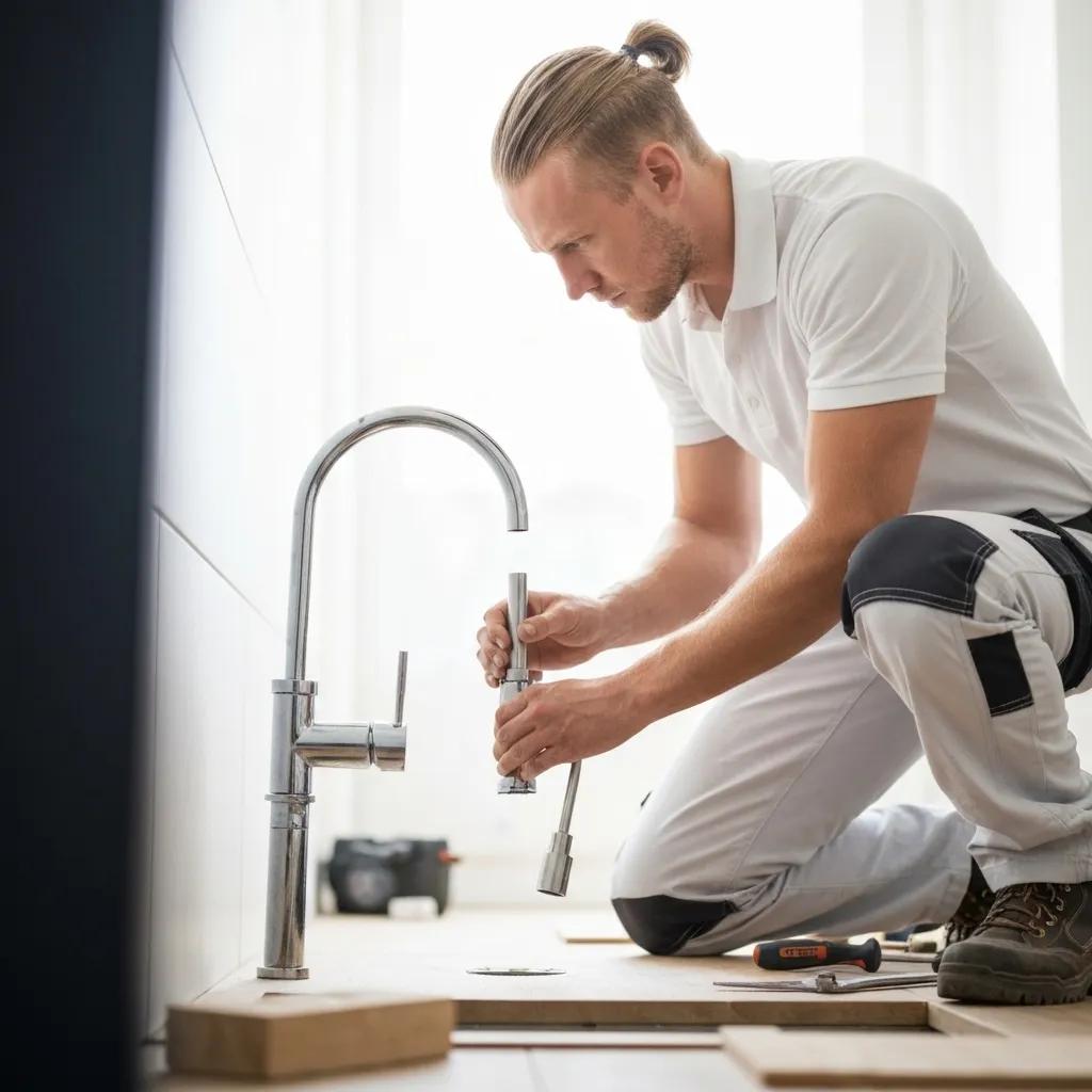 Man installing a modern kitchen faucet during a bathroom renovation, emphasizing professional craftsmanship and plumbing expertise.