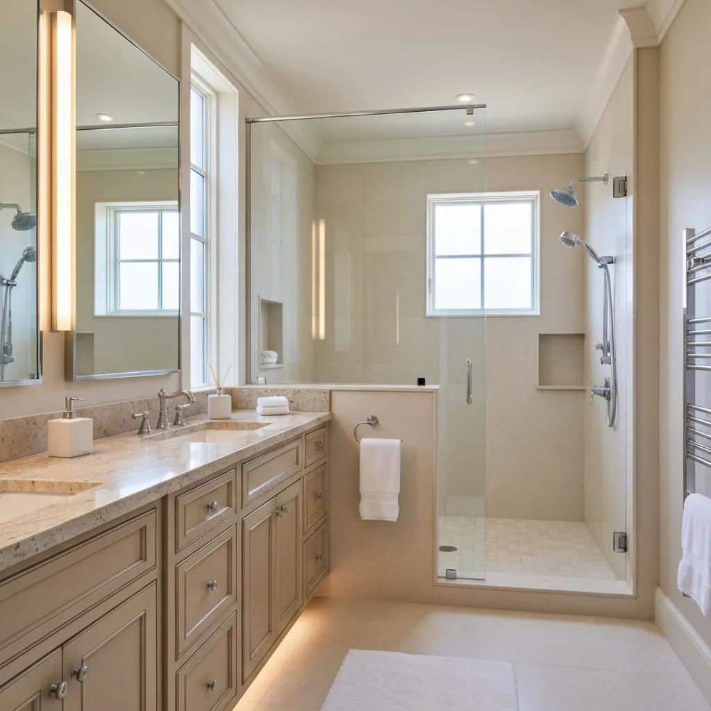 Modern bathroom design featuring dual sinks with elegant fixtures, light-colored cabinetry, and a glass-enclosed shower, illustrating high-quality finishes for a Duluth bathroom remodel.