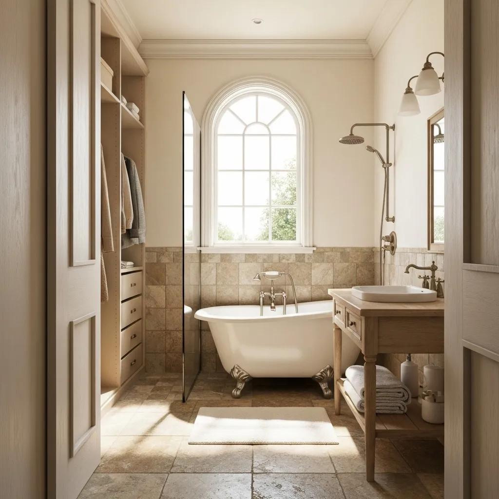Elegant small bathroom featuring a freestanding tub, wooden vanity, and natural light from arched window, ideal for renovation inspiration in Duluth, MN.