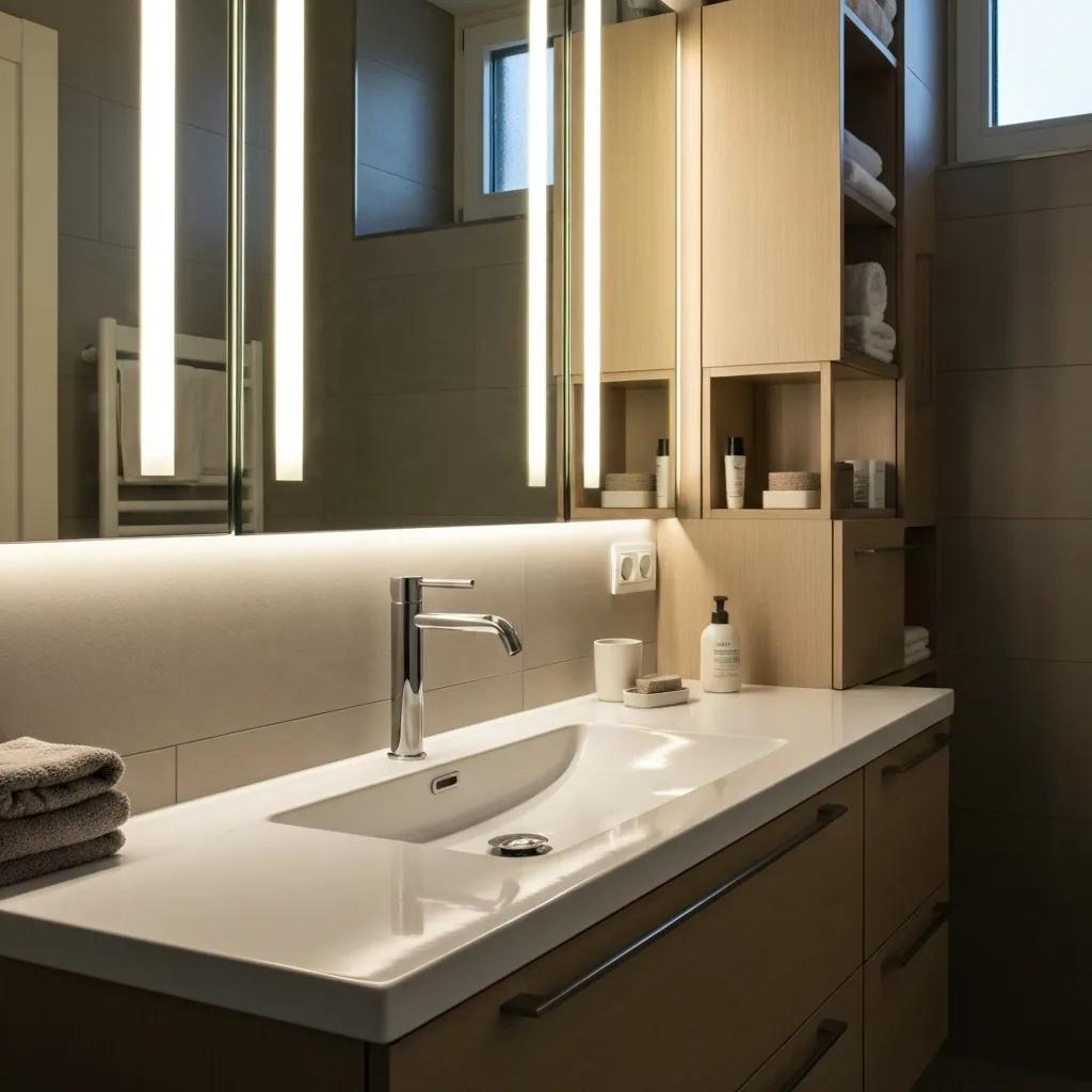 Modern bathroom vanity with sleek countertop, contemporary faucet, illuminated mirrors, and organized storage shelves, enhancing functionality and style in Duluth remodeling.